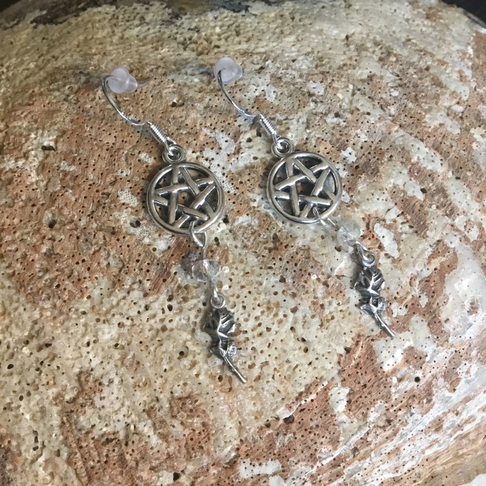 Handcrafted Rose Pentagram Earrings with Sparkling Crystals - Boho Witch Jewelry